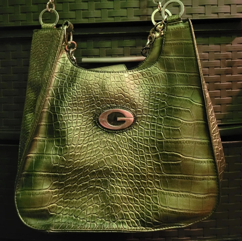GUESS vintage olive green leather tote bag